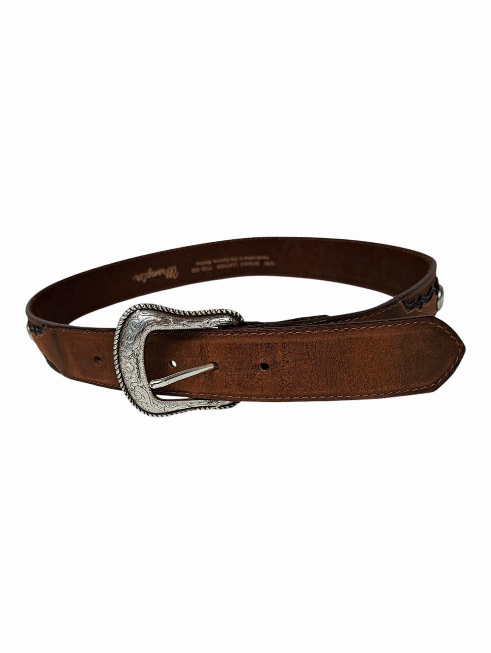 Wrangler Vintage Leather Western Belt Tooled Floral Silver Buckle Size 32 / 80